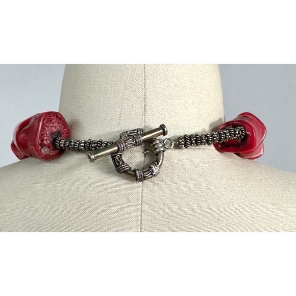Huge Chunky Natural Red Coral & Turquoise Sterling Choker Necklace 20" - Picture 3 of 5